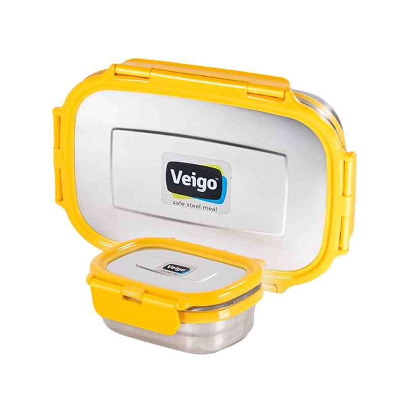 Veigo Jumbo W/veg Box- Stainless Steel Leakproof Lunch | 950+180 ml for School | Pack of 2 - Yellow