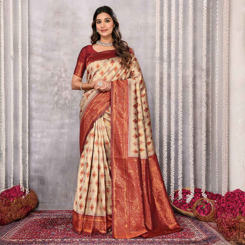 Janasya Women's Silk Blend Ethnic Motifs Kanjivaram Saree with Blouse Piece | SAR359 | Beige