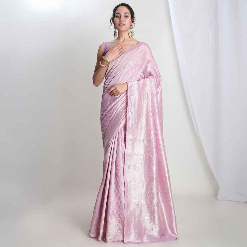 Janasya Women's Silk Blend Leaf Motifs Saree with Blouse Piece | SAR646 | Lavender