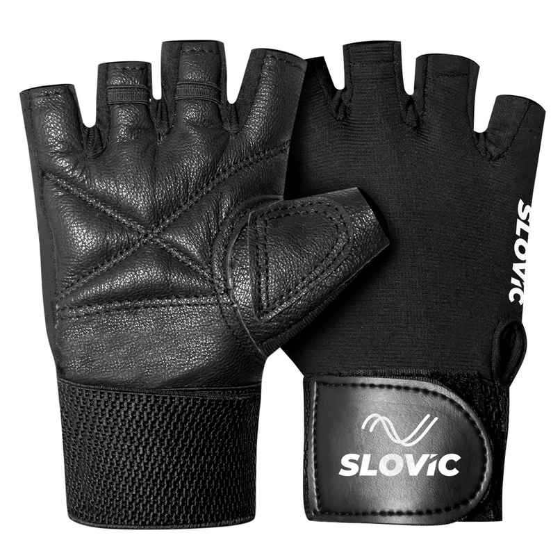 Slovic Leather Gym Gloves for Men & Women Weightlifting & Workout - Black
