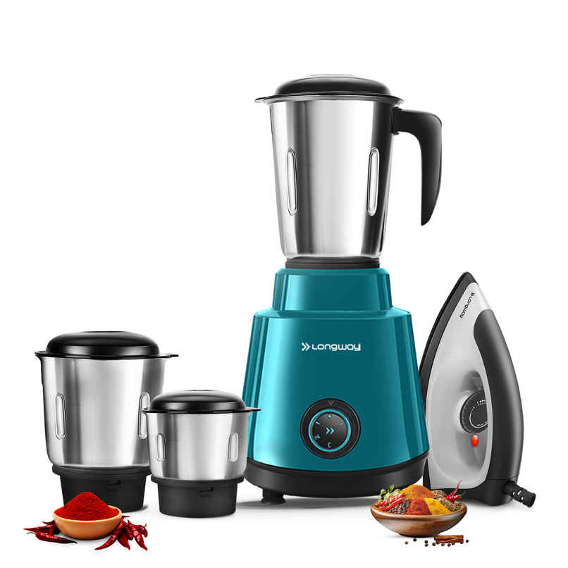Longway Roto Max 500W Mixer Grinder + 1100W Dry Iron | 3 Jars | Powerful Motor | Teal & Black |Combo Longway Roto Max 500W Mixer Grinder + 1100W Dry Iron | 3 Jars | Powerful Motor | Teal & Black |Combo