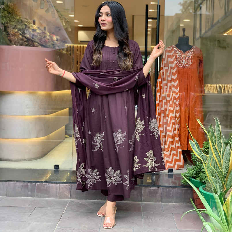 GoSriKi Women's Viscose Rayon Anarkali Printed Kurta with Pant & Dupatta | GANGORI | Wine - XL