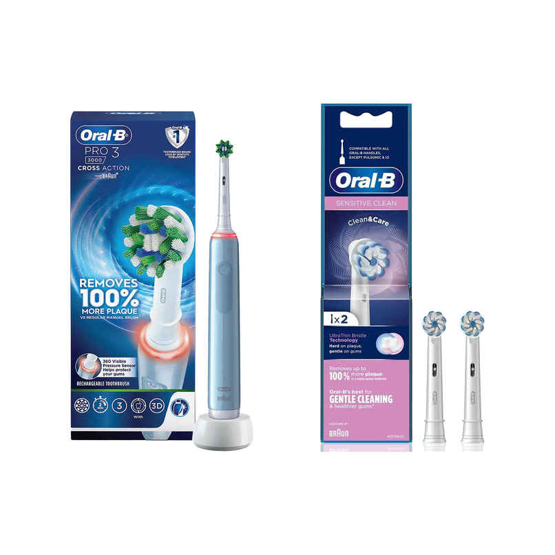 Oral-B Pro3 Rotating Electric Toothbrush | 3 Brush Modes Pro Timer | Pressure Sensor (1pc) & Oral-B Sensitive Clean Electric Toothbrush Soft Brush Heads (1pc) Combo