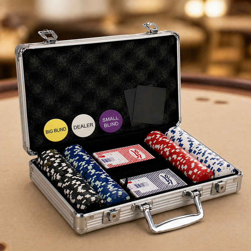 Toyshine Casino Style Poker Chips Set with Aluminum Finish Case, 2 Decks of Cards, 5 Dice, 1 Dealer Button - 200 Chip set Toyshine Casino Style Poker Chips Set with Aluminum Finish Case, 2 Decks of Cards, 5 Dice, 1 Dealer Button - 200 Chip set