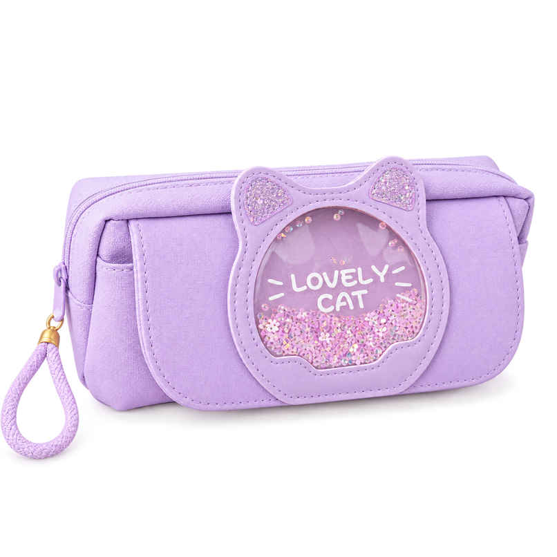 Toyshine Lovely Cat Pencil Pouch with Zipper Wrist Strap Glitter | Purple