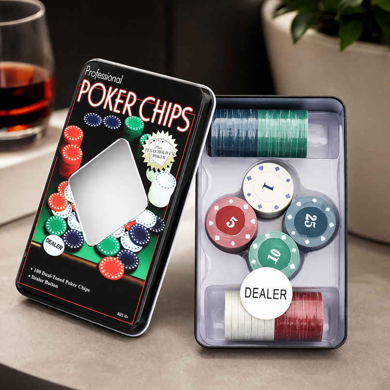 Toyshine Casino Style 100 Pcs Poker Chips Set in a Tin Case with 1 Dealer Button