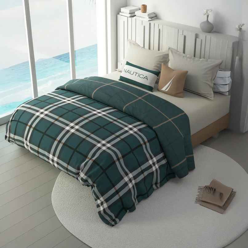 Nautica 100% Premium Cotton Fabric Comforter for All Weather | Double | Ocean Checks | Green