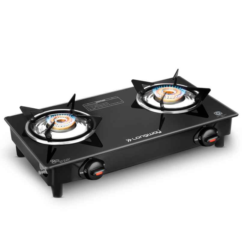 Longway Furn Glass Top, 2 Burner Manual Ignition Glass Gas Stove (Black)