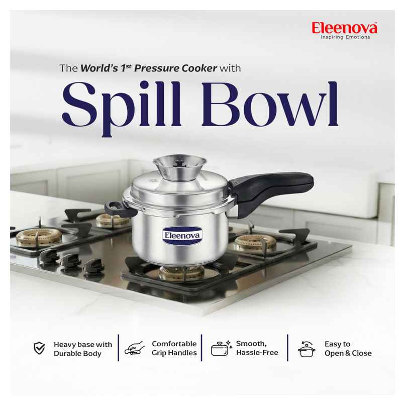 Eleenova Legacy Anti Spill Stainless steel Outer Lid Pressure Cooker with Spill Bowl | 5 L