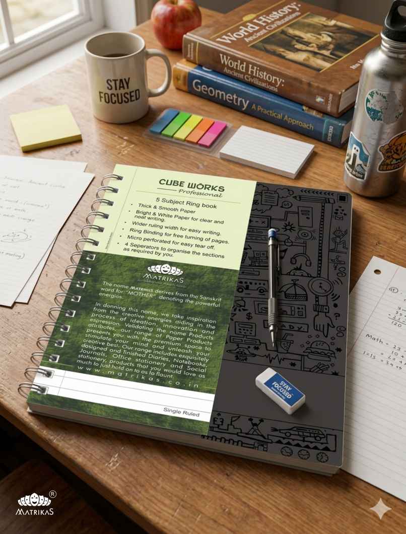 Matrikas Cubeworks Black PP 5 Subject Notebook|Ruled| Wire-O-Wire |B5 Size 300 Pages