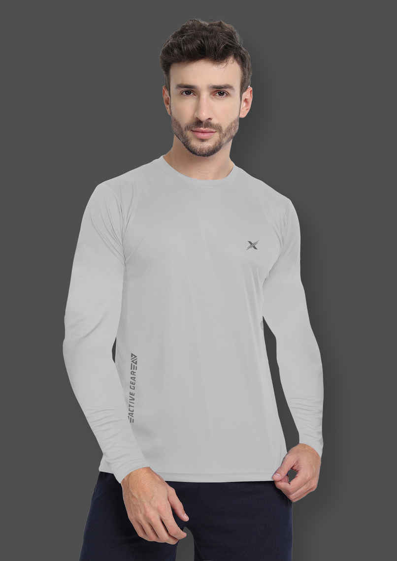 FTX Men's Full Sleeve Solid Polyester Casual Sports T-Shirt | Regular Fit | Light Grey - L