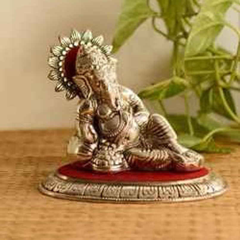 eCraftIndia Silver Metal Handcrafted Blessing Lord Ganesha Idol Sitting with Musand Pillow