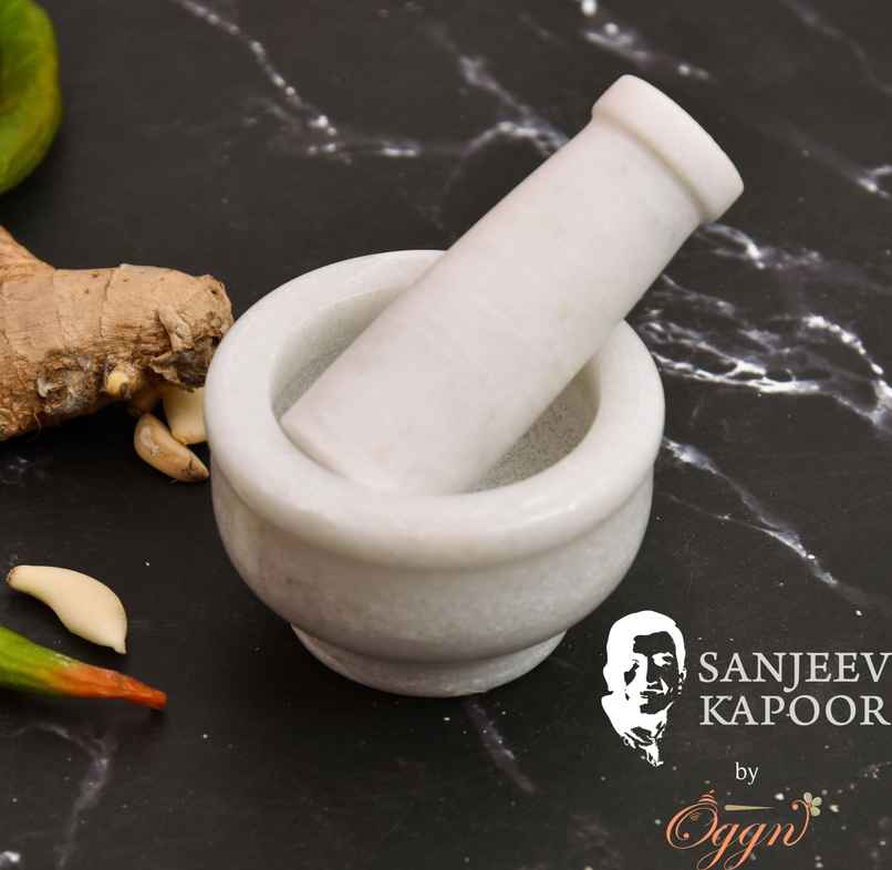 Sanjeev Kapoor by OGGN White Marble Mortar and Pestle Set, Grinding Spices, Herbs Natural - 3x2 Inch Sanjeev Kapoor by OGGN White Marble Mortar and Pestle Set, Grinding Spices, Herbs Natural - 3x2 Inch
