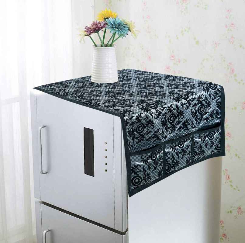 Homeharmony Black & Gray Floral Design Fridge Cover With Six Side Pockets Homeharmony Black & Gray Floral Design Fridge Cover With Six Side Pockets