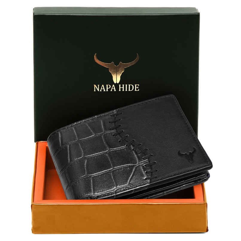 Wildhorn Men's Textured Genuine Leather Bi-Fold Wallet | Black - Free Size