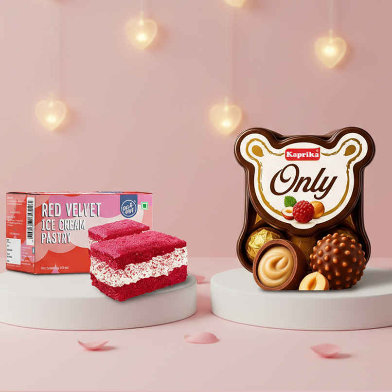 Get-A-Way Red Velvet Ice Cream Pastry (150ml) & Only Panda 5 Chocolates (5pc) Combo Get-A-Way Red Velvet Ice Cream Pastry (150ml) & Only Panda 5 Chocolates (5pc) Combo