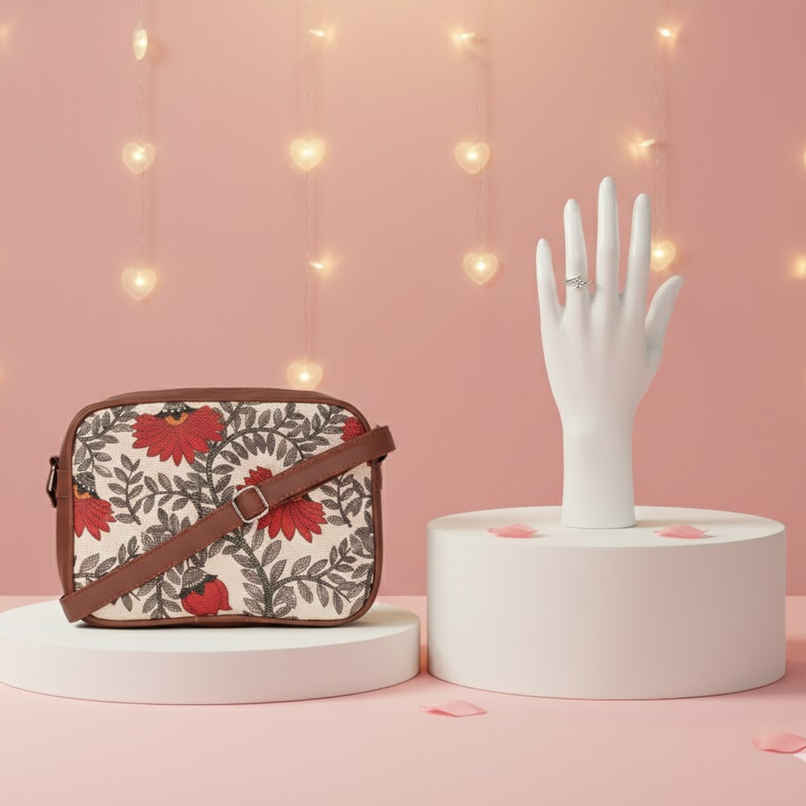 Zouk Women'S Floral Vegan Leather And Handcrafted Fabric 2.4 L Sling Bag  (1pc) & Labelshe Silver Plated Crystal Studded Solitaire Adjustable Finger Ring (1pc) Combo