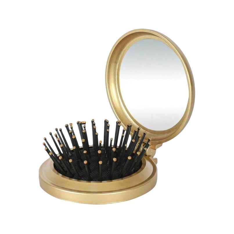 Compact Pop-up Hair Brush with Foldable Mirror (Gold)