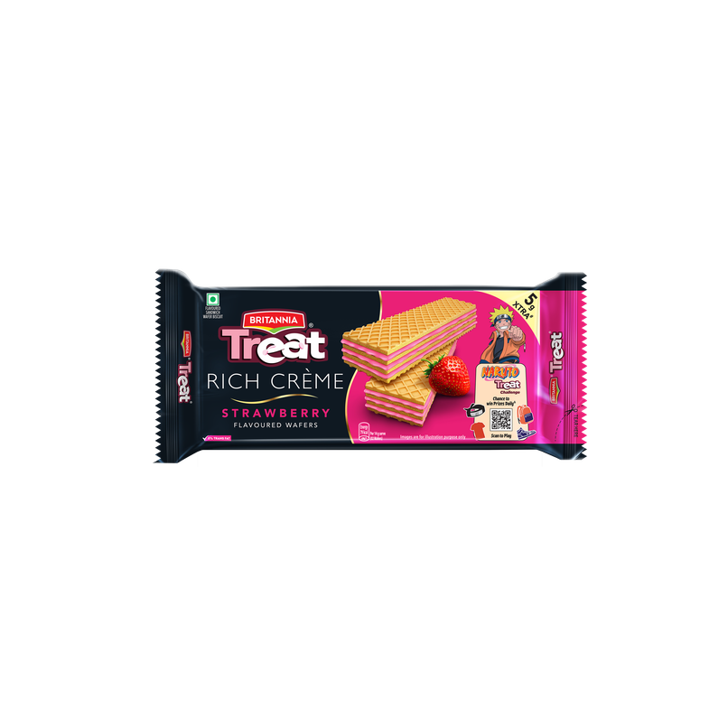Britannia Treat Rich Creme Strawberry Flavoured Wafers | Light Crispy Fruity Snack
