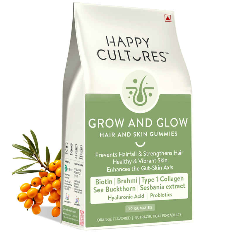 Happy Cultures Grow & Glow | Biotin + Collagen | Hair Strength, Skin Glow & Hair Fall Control | 30 Gummies