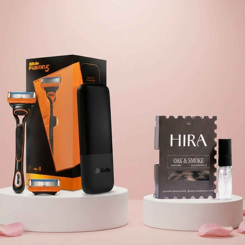Gillette Fusion Premium Gift Set For Men (1pc) & Hira Oak & Smoke Eau De Perfume Mini For Men With Leather & Cardamom Notes (5ml) Combo Gillette Fusion Premium Gift Set For Men (1pc) & Hira Oak & Smoke Eau De Perfume Mini For Men With Leather & Cardamom Notes (5ml) Combo