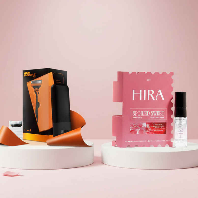 Gillette Fusion Premium Gift Set For Men (1pc) & Hira Spoiled Sweet Eau De Perfume Mini For Women With Pear (5ml) Combo