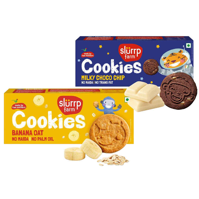 Slurrp Farm No Maida Milky Choco Chip Cookies - Yummy Biscuits For Kids (80g) & Slurrp Farm No Maida No Palm Oil Banana Oat Cookies | Yummy Biscuits For Kids (1pc) Combo Slurrp Farm No Maida Milky Choco Chip Cookies - Yummy Biscuits For Kids (80g) & Slurrp Farm No Maida No Palm Oil Banana Oat Cookies | Yummy Biscuits For Kids (1pc) Combo