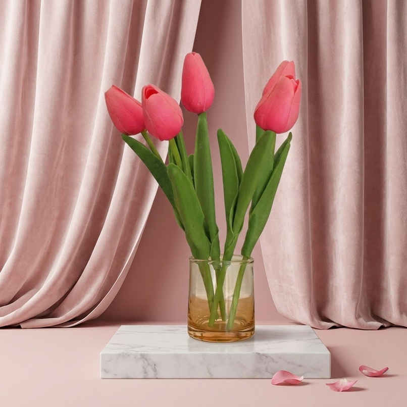 Tied Ribbons Set Of 5 Artificial Tulip Flowers Bunches Without Vase