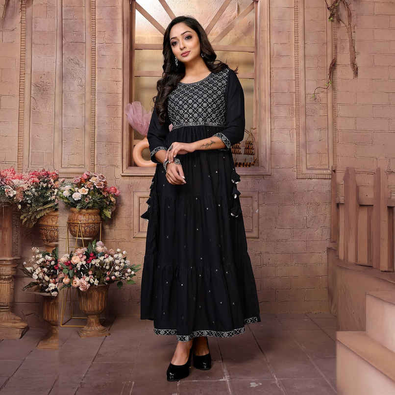 Rangita Women's Black Rayon Embroidered Ankle Length Tiered Flared Kurta | L Rangita Women's Black Rayon Embroidered Ankle Length Tiered Flared Kurta | L
