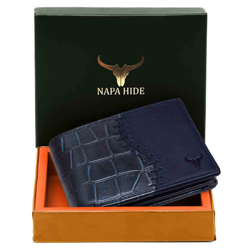 Wildhorn Men's Textured Genuine Leather Bi-Fold Wallet | Blue - Free Size
