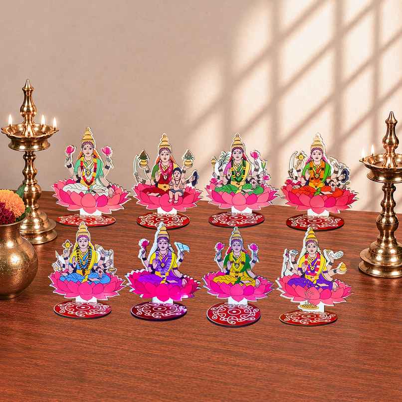 MDF Ashtalakshmi Stand | 4 Inch | Return Gift | 8 Forms of Goddess Lakshmi Cutout | Diya/Naivedyam Stand for Pooja Room & Mandir | Svasti