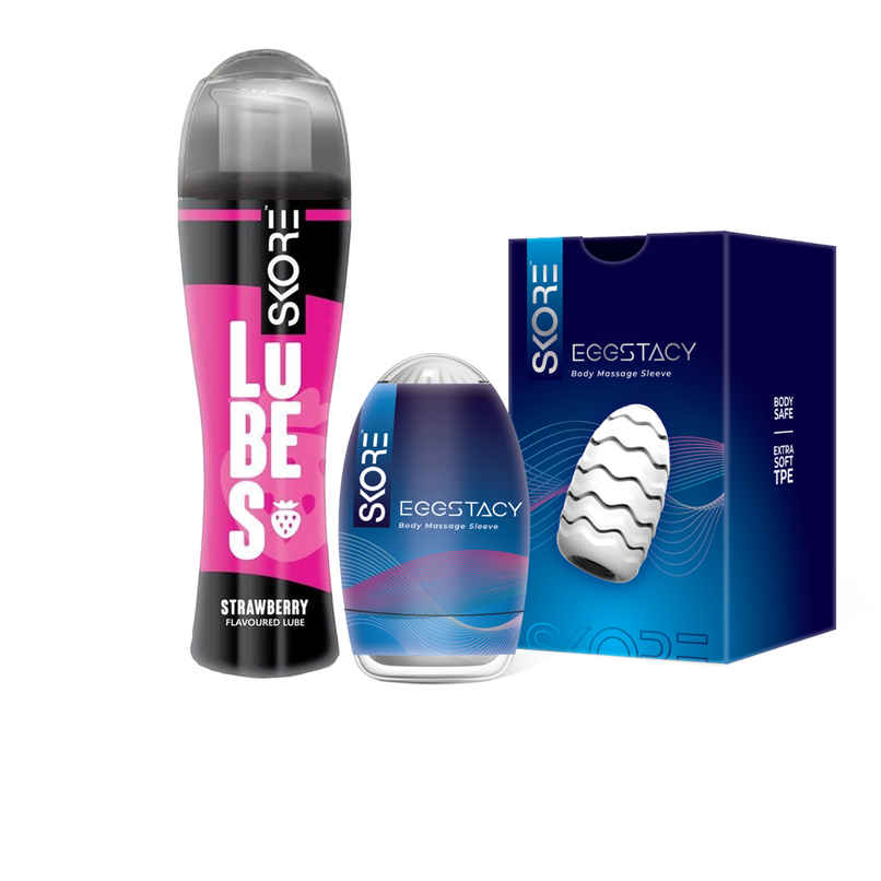 Skore Lubes - Strawberry Flavour (50ml) & Skore Eggstacy Self-Pleasure | Massage Sleeve For Men (1pc) Combo