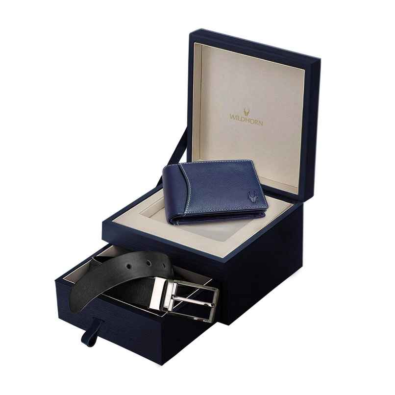 Wildhorn Men's Solid Leather Belt and Wallet Gift Set | Blue - One Size