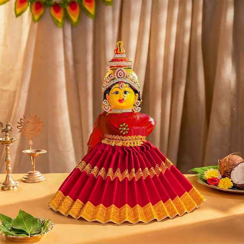 Lehenga Saree | Red | Deity Kalash Dress | Varalakshmi Pooja | Svasti