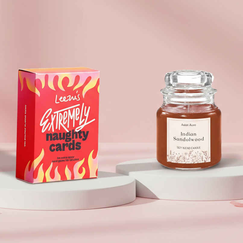Leezu'S Extremely Naughty Cards Adult Game (1pc) & Asian Aura Scented Jar Candle-Fragranced 70G Wax Indian Sandalwood (1pc) Combo