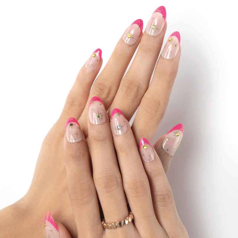 Pep Nails Blush & Bling Pink Gemstone Medium Almond Reusable Press On Nails | 24 Nail Tips