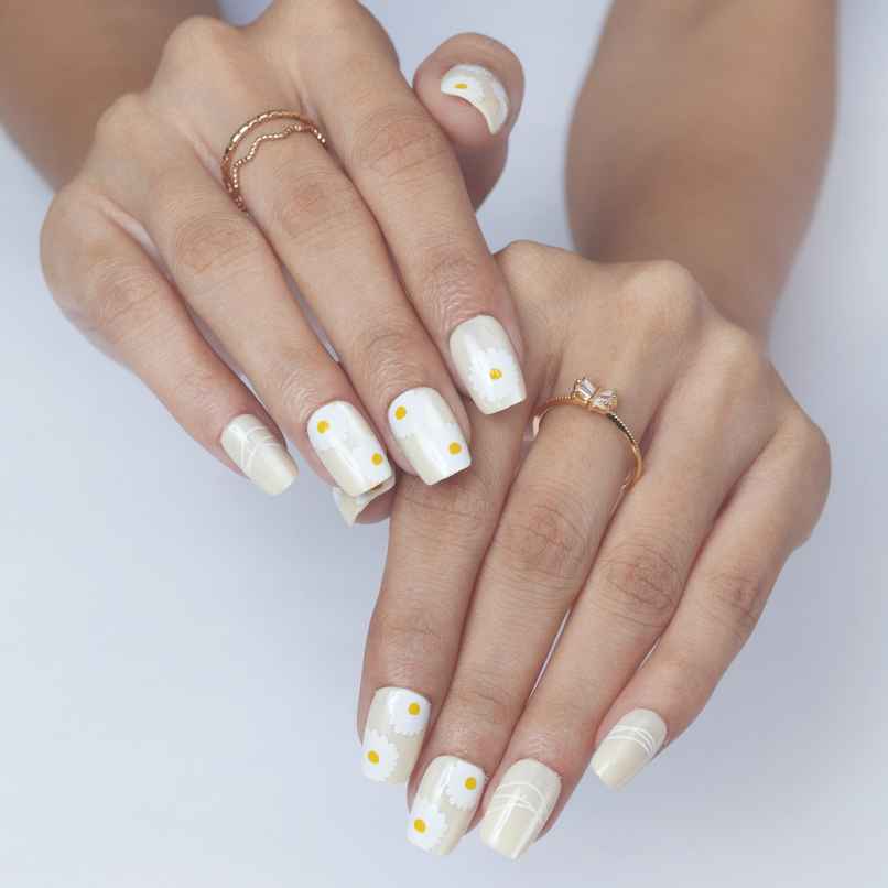 Pep Nails Buttercup Yellow Floral Medium Coffin Reusable Press On Nails 30 Nail Tips