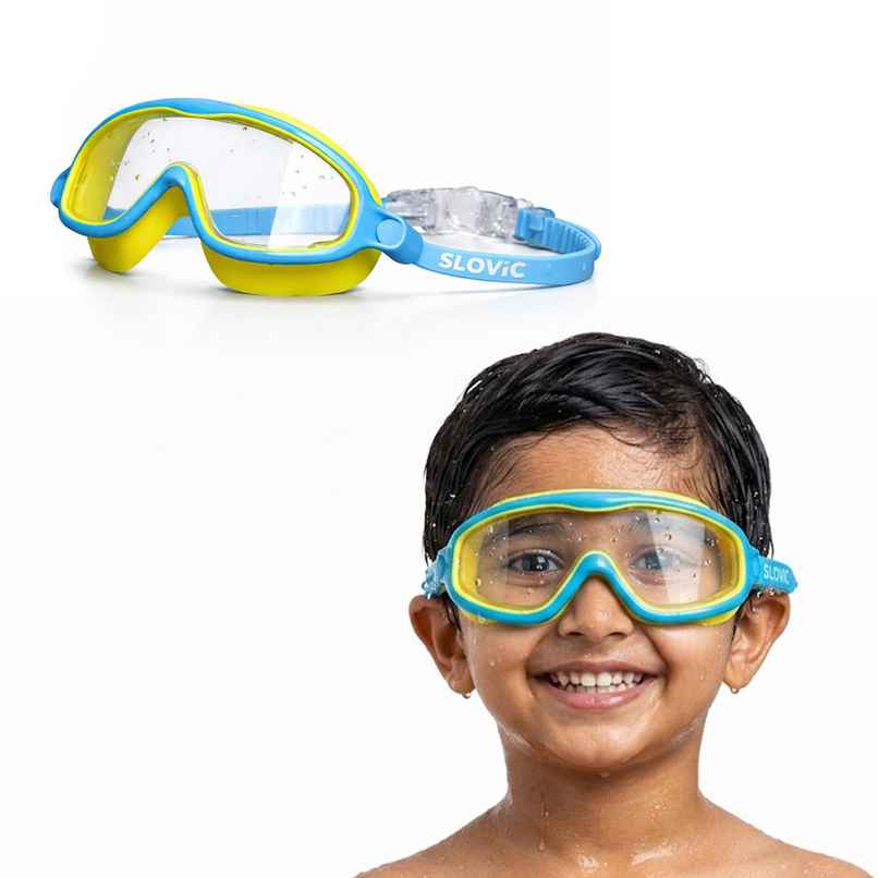 Slovic Kids Swimming Goggles with UV Protection, Ear Plugs & Leak-Proof Fit (Blue, Yellow)