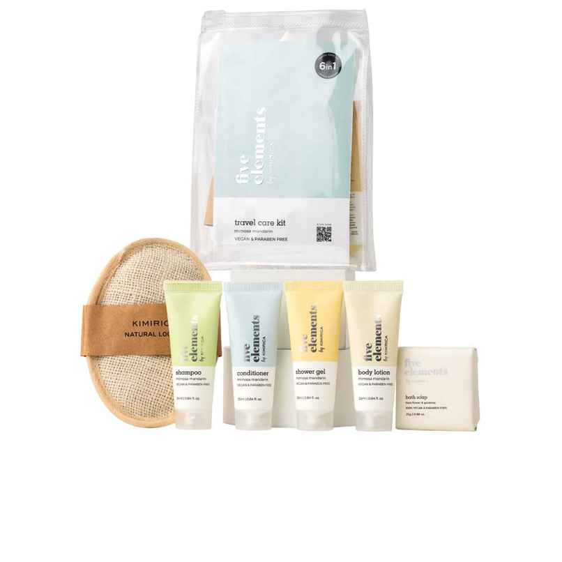 Kimirica Five Elements Travel Kit | 6-in-1 Bath Essentials with Loofah in Pouch | Self-Care Set Kimirica Five Elements Travel Kit | 6-in-1 Bath Essentials with Loofah in Pouch | Self-Care Set