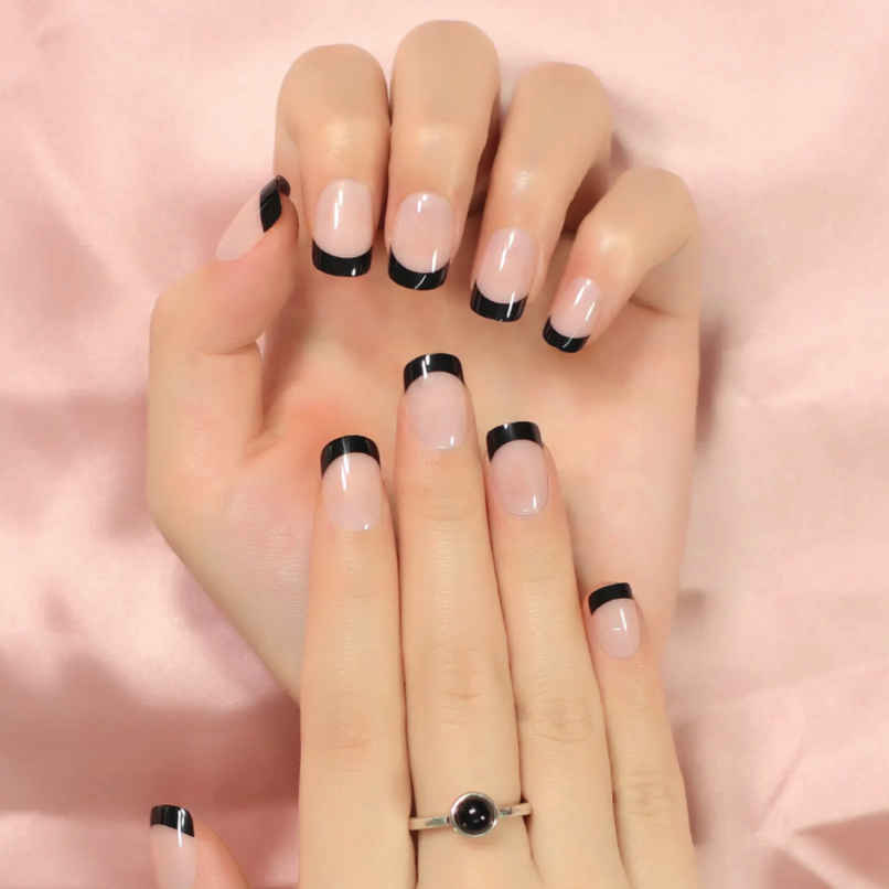 Pep Nails Bombshell Short Square Black French Tips Reusable Press On Nails 24 Nail Tips