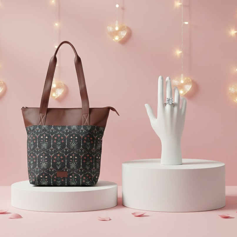 Zouk Women'S Vegan Leather 15.5 L Double Handle Tote Bag (1pc) & Labelshe Silver Plated Huge Cz Solitaire Adjustable Ring (1pc) Combo