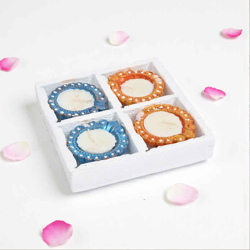 Wax Multicolour Diya for Diwali Celebration | Multicolour | Pack Of 4 | Designer clay Diya | Party Propz