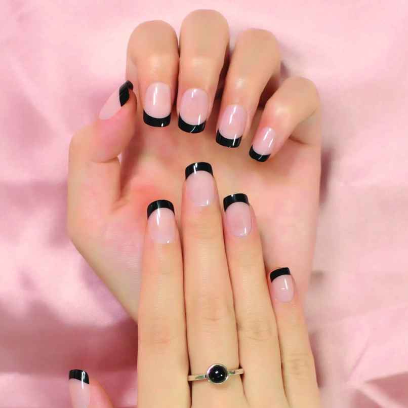 Pep Nails Bombshell Short Square Black French Tips Reusable Press On Nails 24 Nail Tips