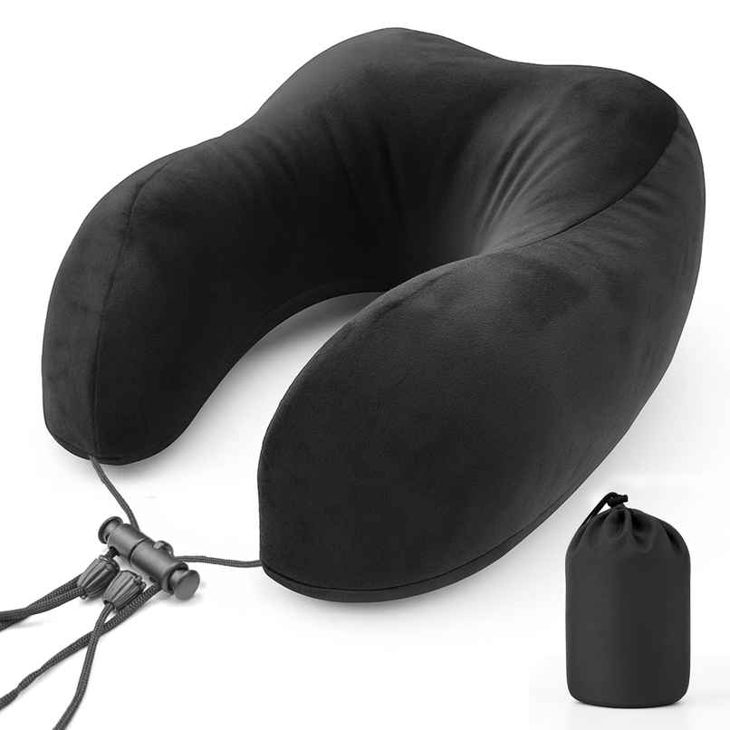 Slovic Memory Foam Travel Neck Pillow with Bag | Ideal For Travelling | Unisex | Black
