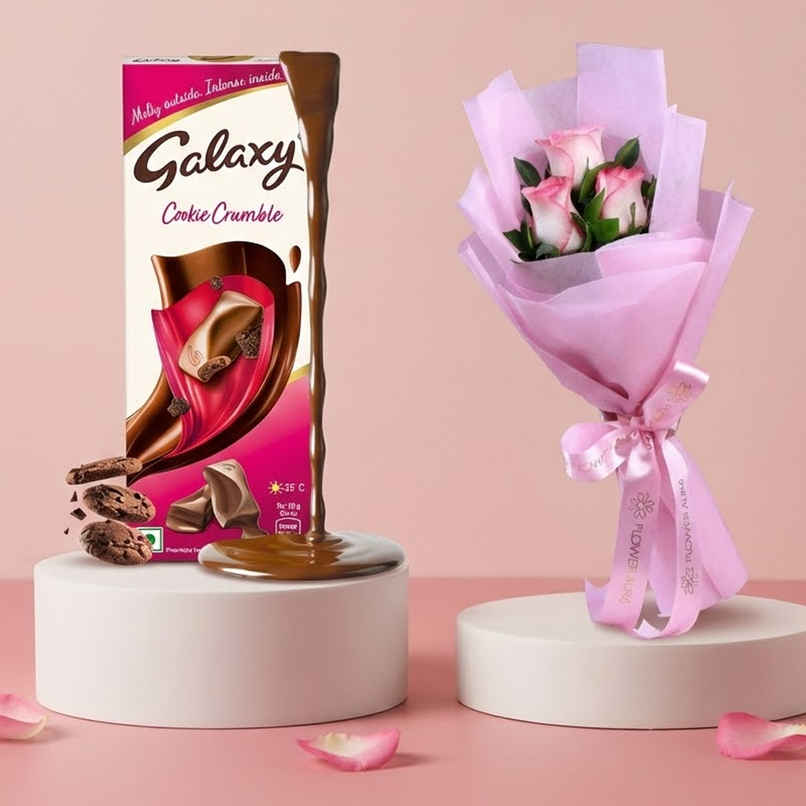 Galaxy Cookie Crumble Chocolate Bar For Gifting (50g) & Floweraura 3 Pink Roses In Pink Paper (500g) Combo  
