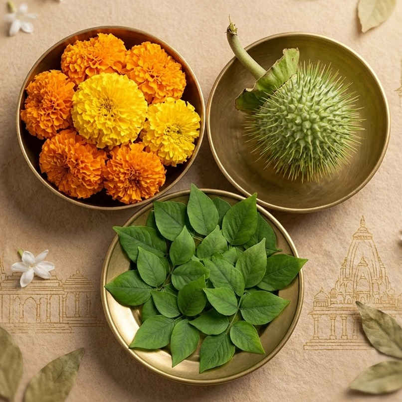 Assorted Roses (100g) & Bel Patra (15g) & Dhatura (1pc) Combo    