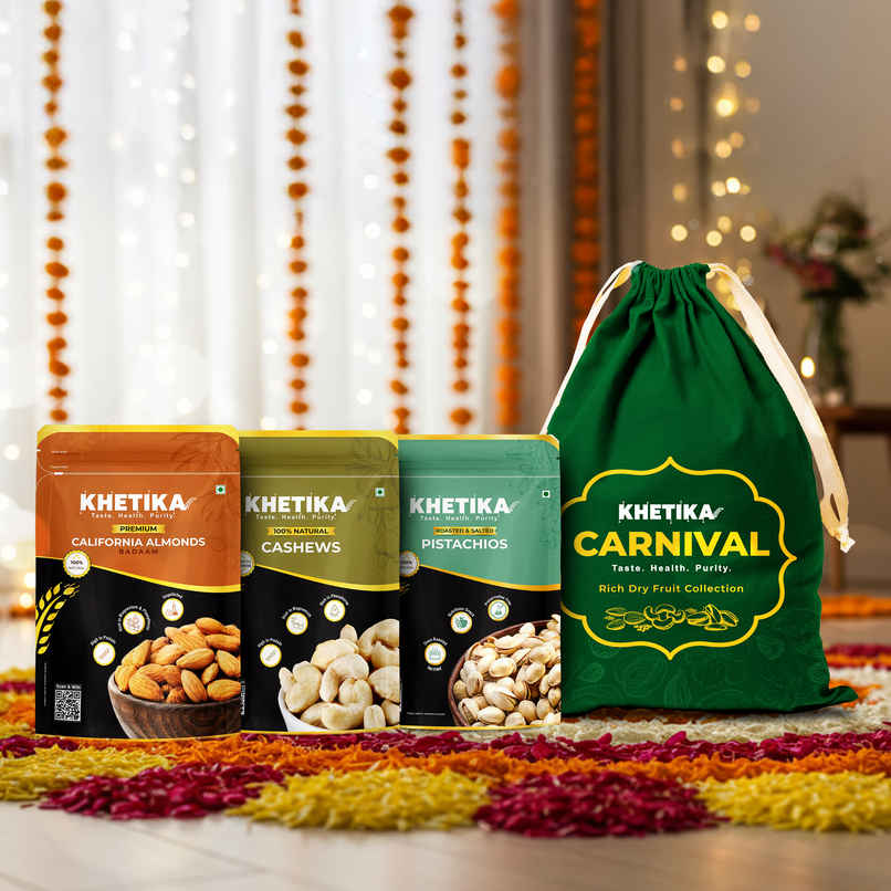 Khetika Dry Fruits Celebration Trio Dry Fruits Gift Potli Almonds, Cashews, & Pistachios Khetika Dry Fruits Celebration Trio Dry Fruits Gift Potli Almonds, Cashews, & Pistachios