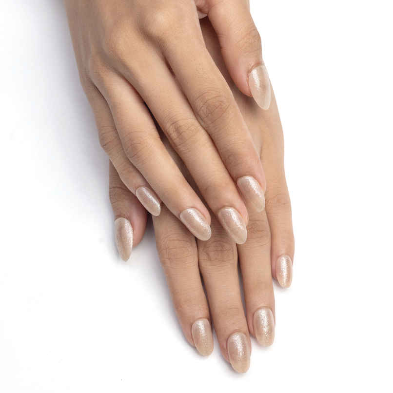Pep Nails | Champagne | Hand Nails | Medium Round Nude | Glossy Glitter Press On Nails | 24 Tips