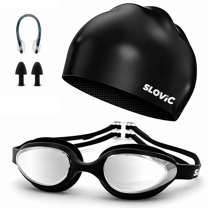 Slovic Swimming Goggles & Cap Kit for Pool and Swim Training - Black Slovic Swimming Goggles & Cap Kit for Pool and Swim Training - Black