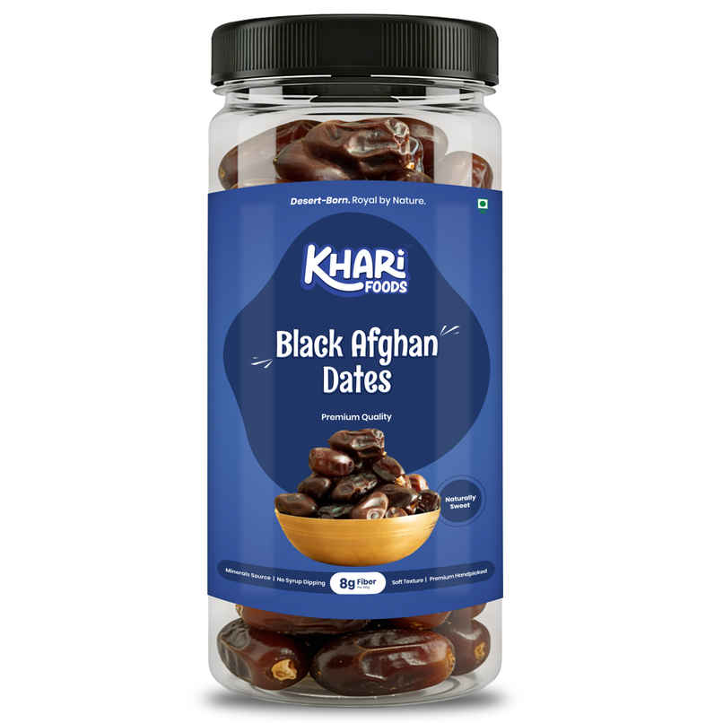 Khari Foods Premium Black Afghan Dates - Can Pack | High Energy Khajur, Dry Fruit Khajoor